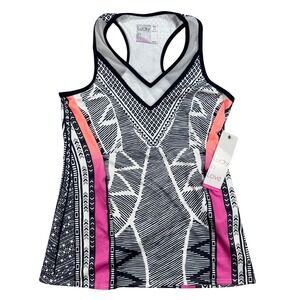 NEW Lucky In Love Tank Top Women's XS Pink Black Geometric Racerback Athletic